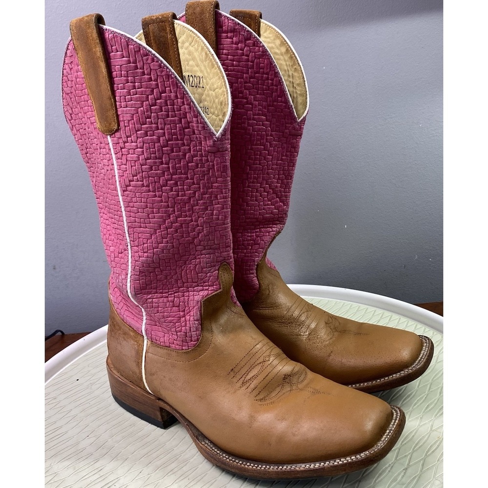 Macie Bean Womens Leather Western Cowboy Riding Boots Pink/Tan Sz. 7‎